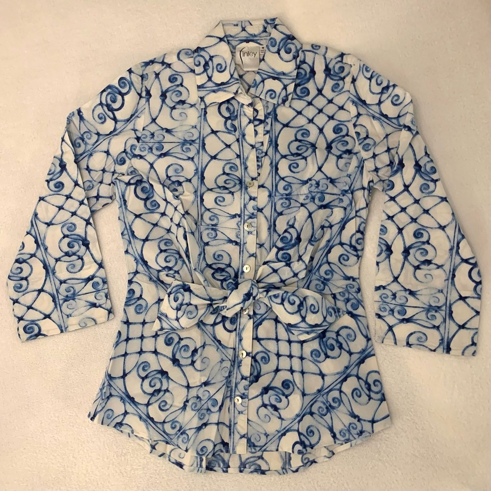 Finley blue and white patterned button down tie up blouse top